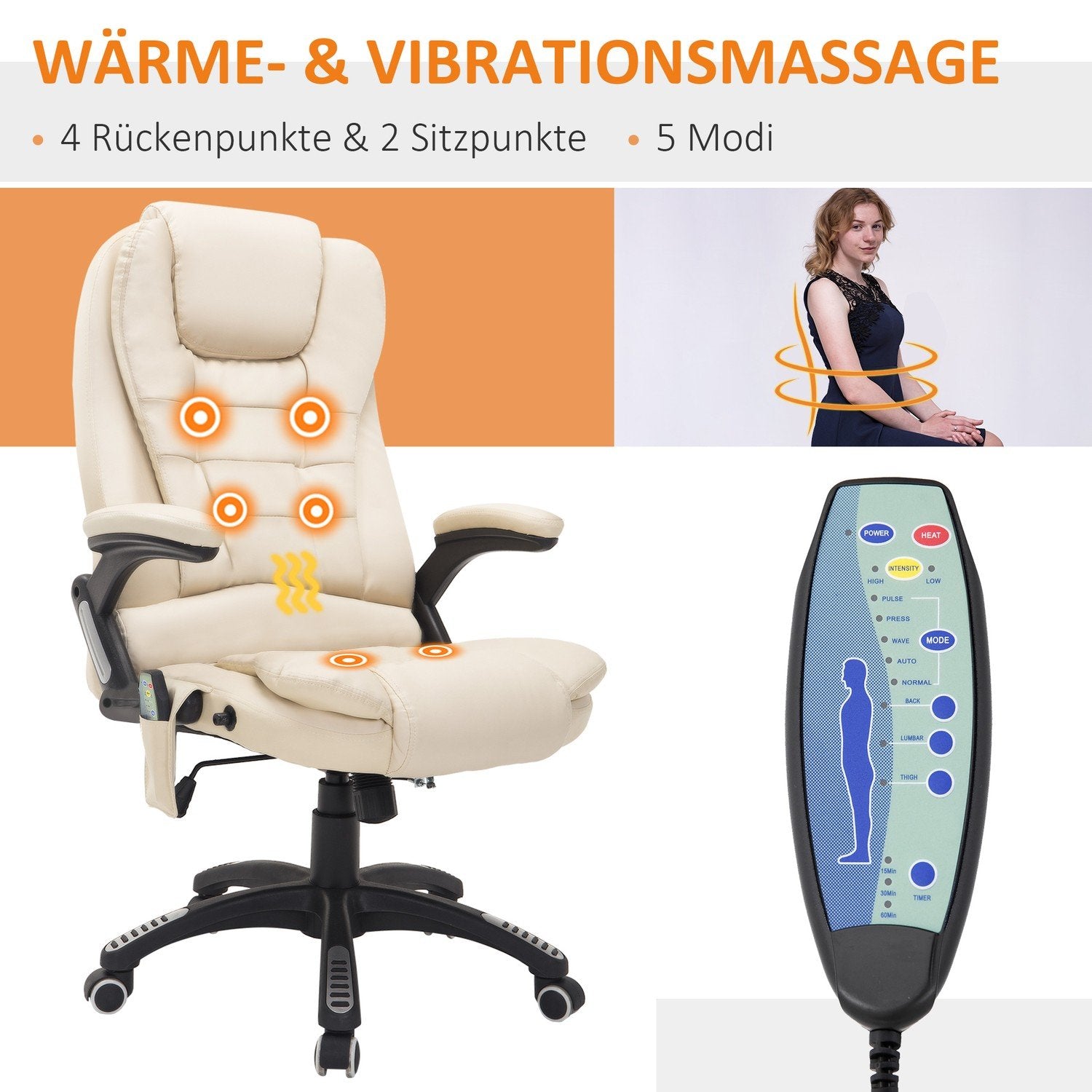 Massagestol, Kontorsstol, Chefsstol Med 6-Punkts Vibrationsmassage Och Värmefunktion, Konstläder, Roterbar, Beige