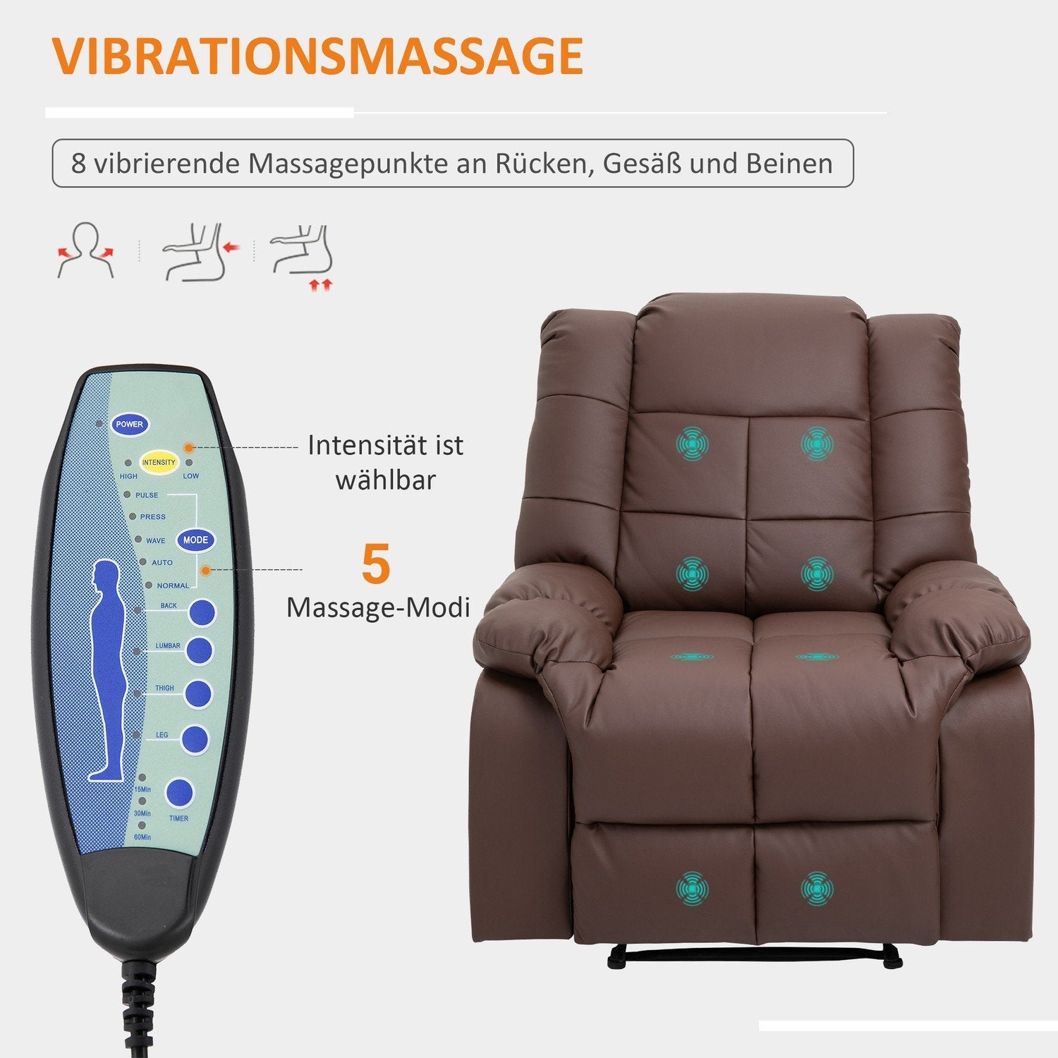 Massagestol, Tv-Stol, Elektrisk Avslappningsstol Med Massagefunktion, Konstläder, Trä, Stål, Skum, Brun, 94 X 99 X 99 Cm