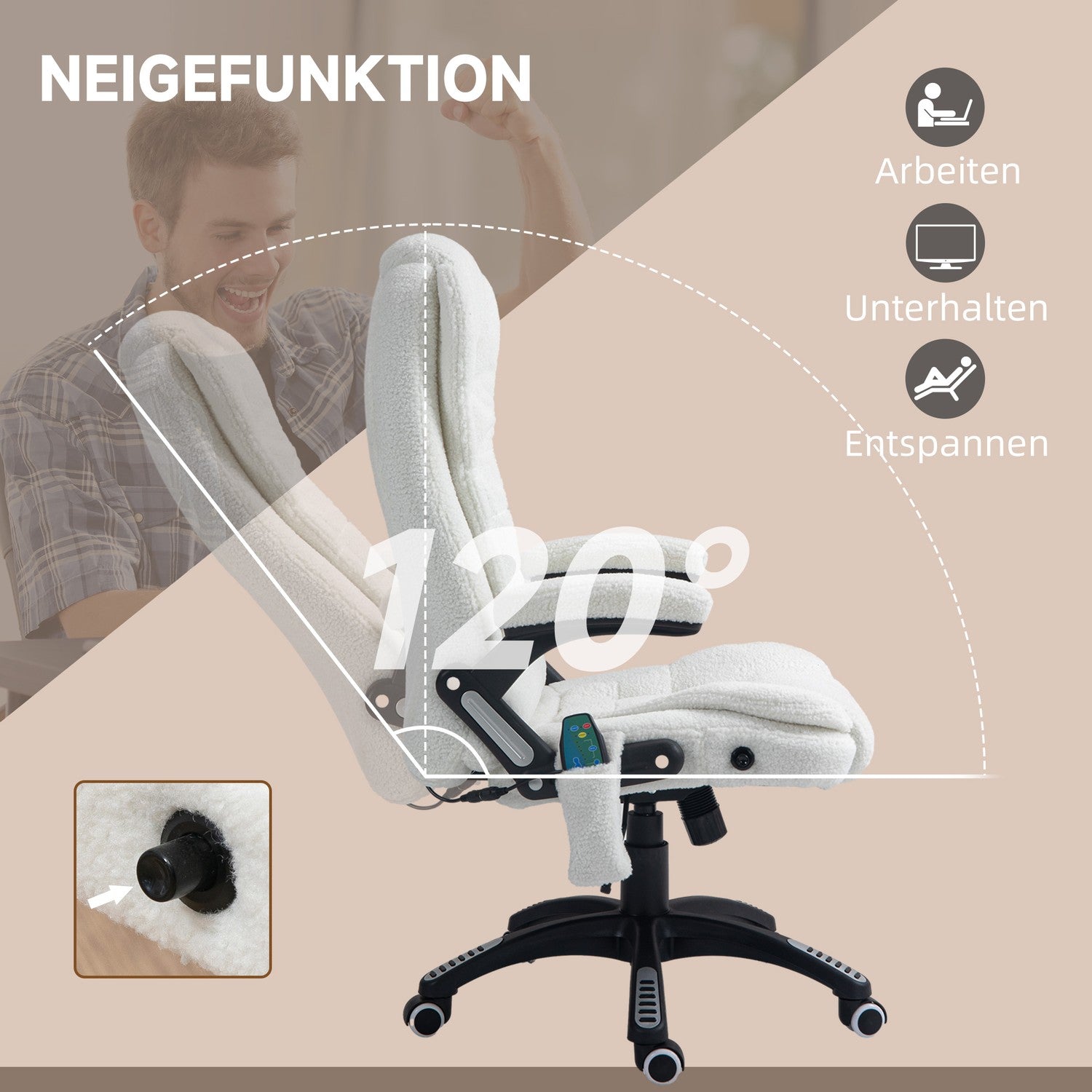 Massage Kontorsstol, Liggande, Uppvärmd, Teddy Sammet, Vit