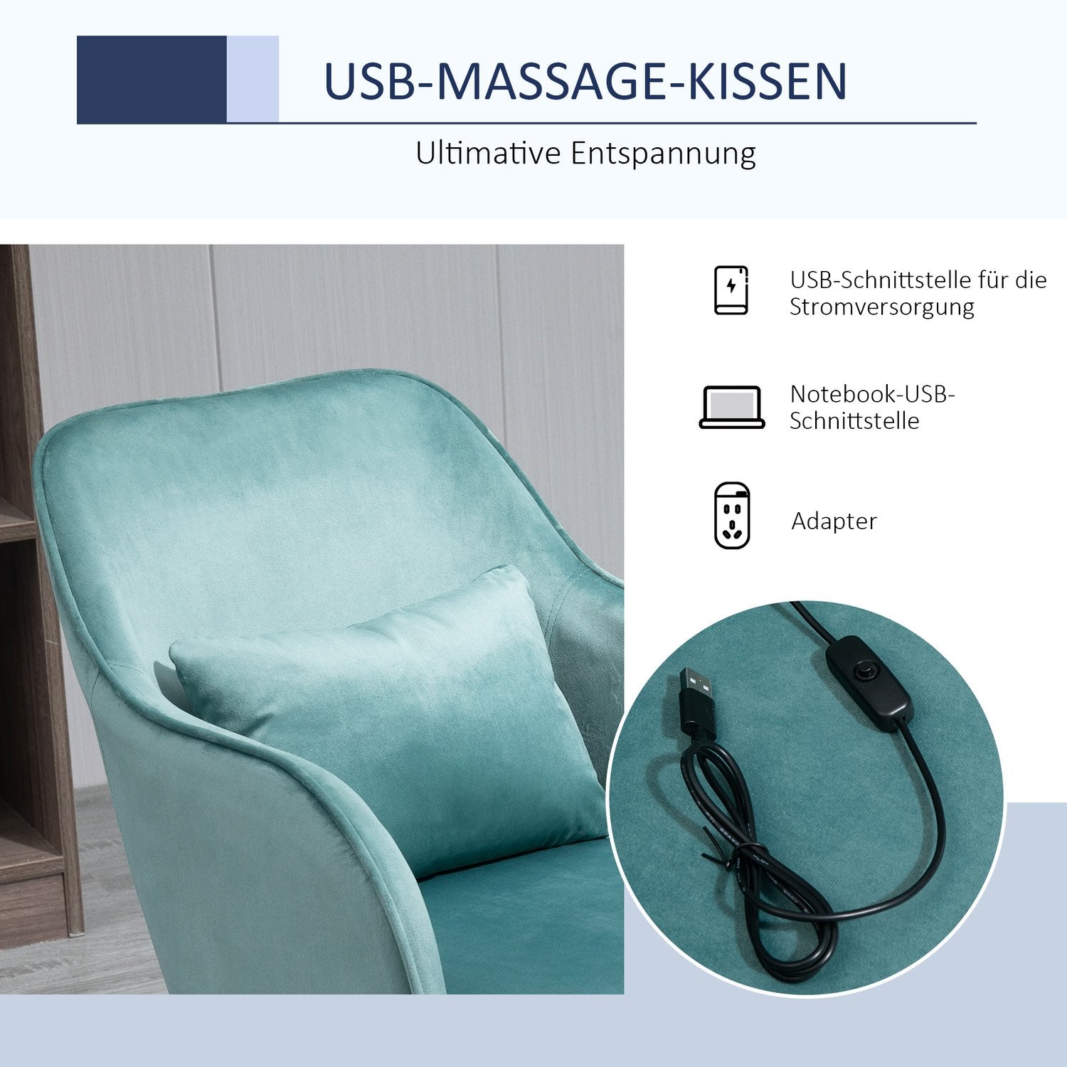 Kontorsmassagestol – USB-vibration, svankstöd, 78-86 cm