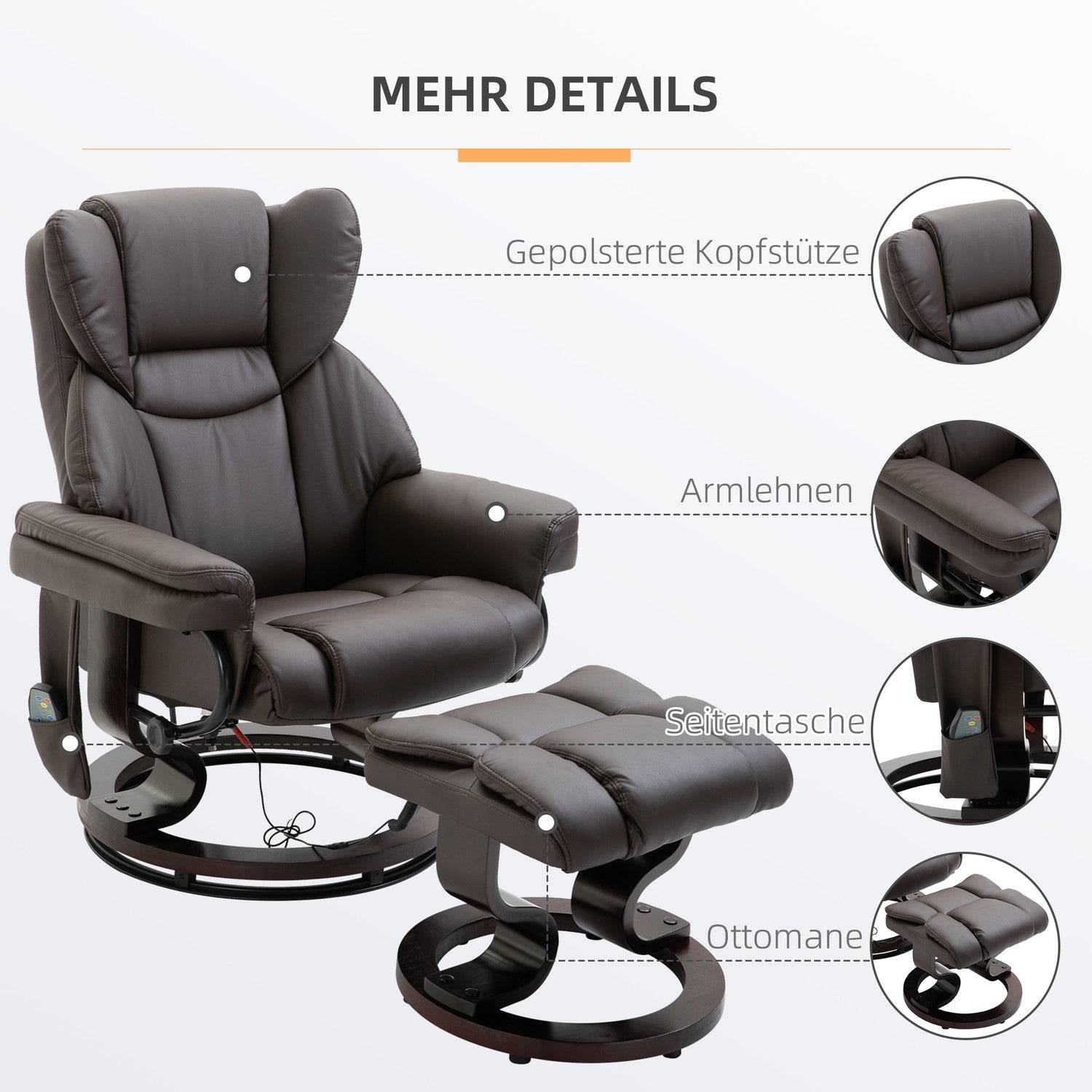 Massagefåtölj med fotpall, konstläder, brun