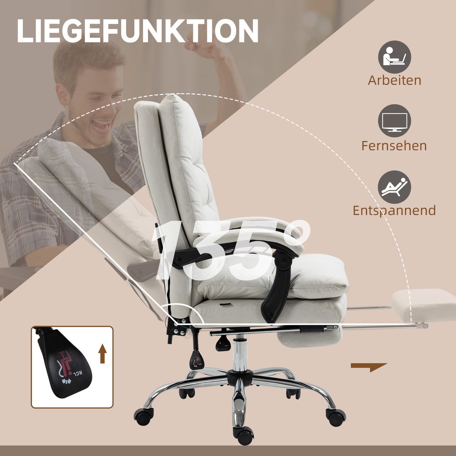 Massagekontorsstol, 135° lutning, justerbar höjd, kräm