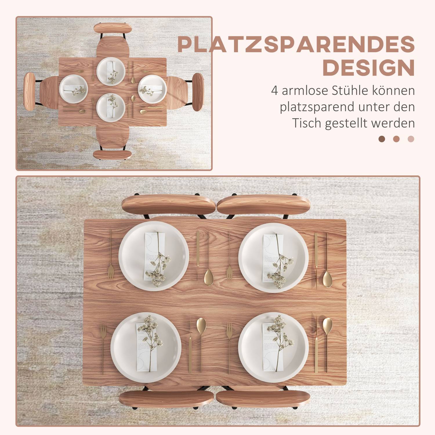 Matbordsset med 4 stolar, teak och stål, modern design