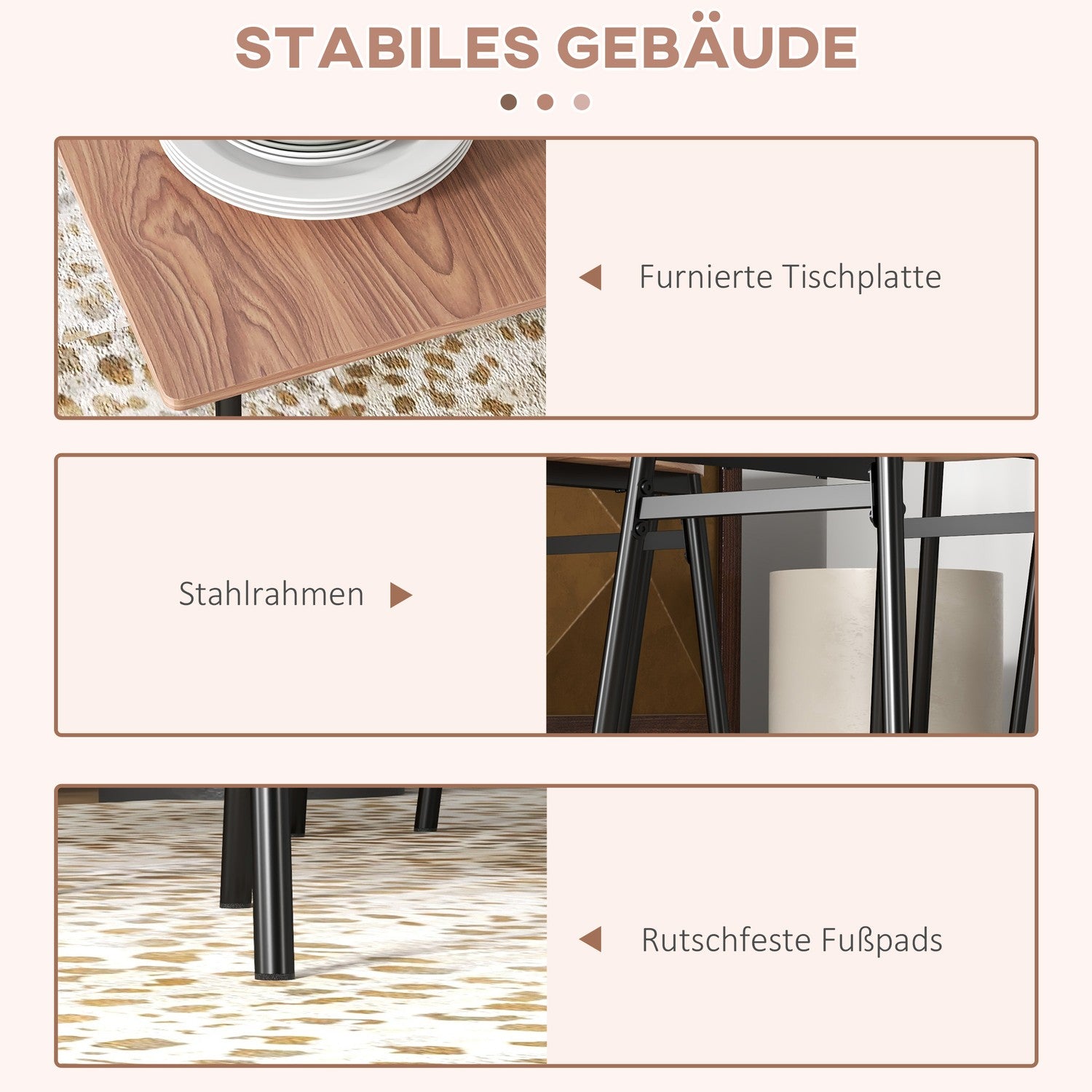 Matbordsset med 4 stolar, teak och stål, modern design