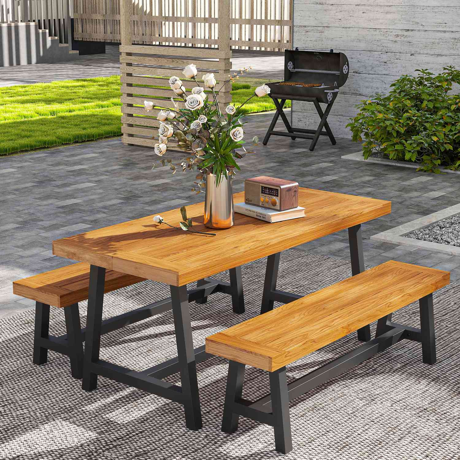 Matsalsset i teak i 3 delar med bänkar för 4