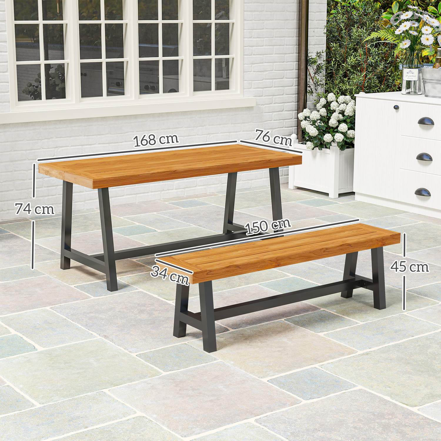 Matsalsset i teak i 3 delar med bänkar för 4