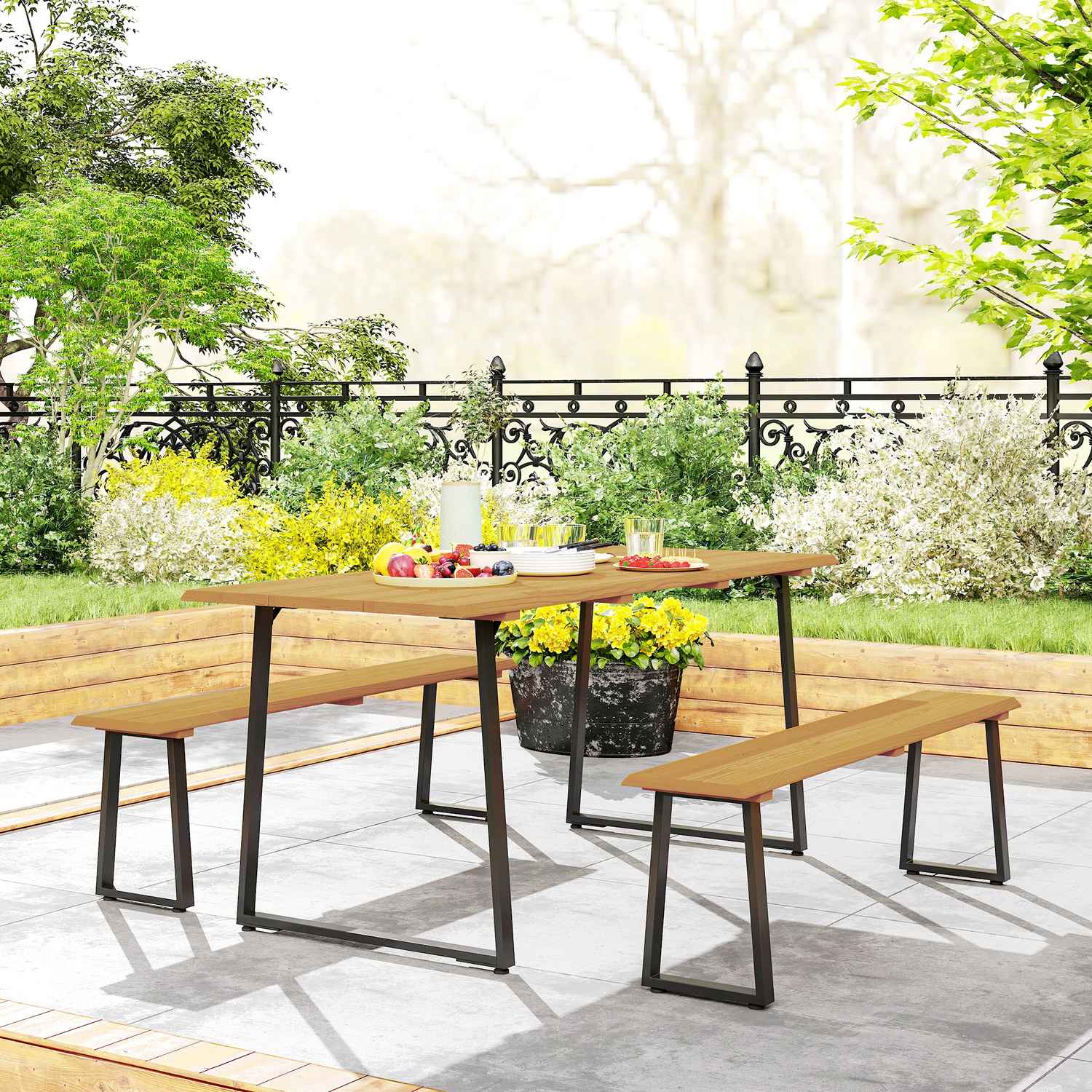 Matsalsset i trä för 6 med bord, bänkar och paraplyhål