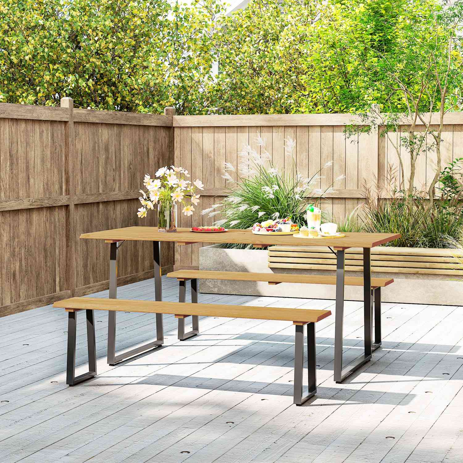 Matsalsset i trä för 6 med bord, bänkar och paraplyhål