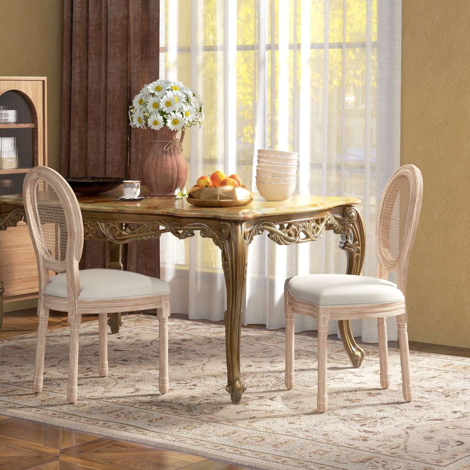 Matsalsstolar, set med 2, linne & rotting, gräddvit