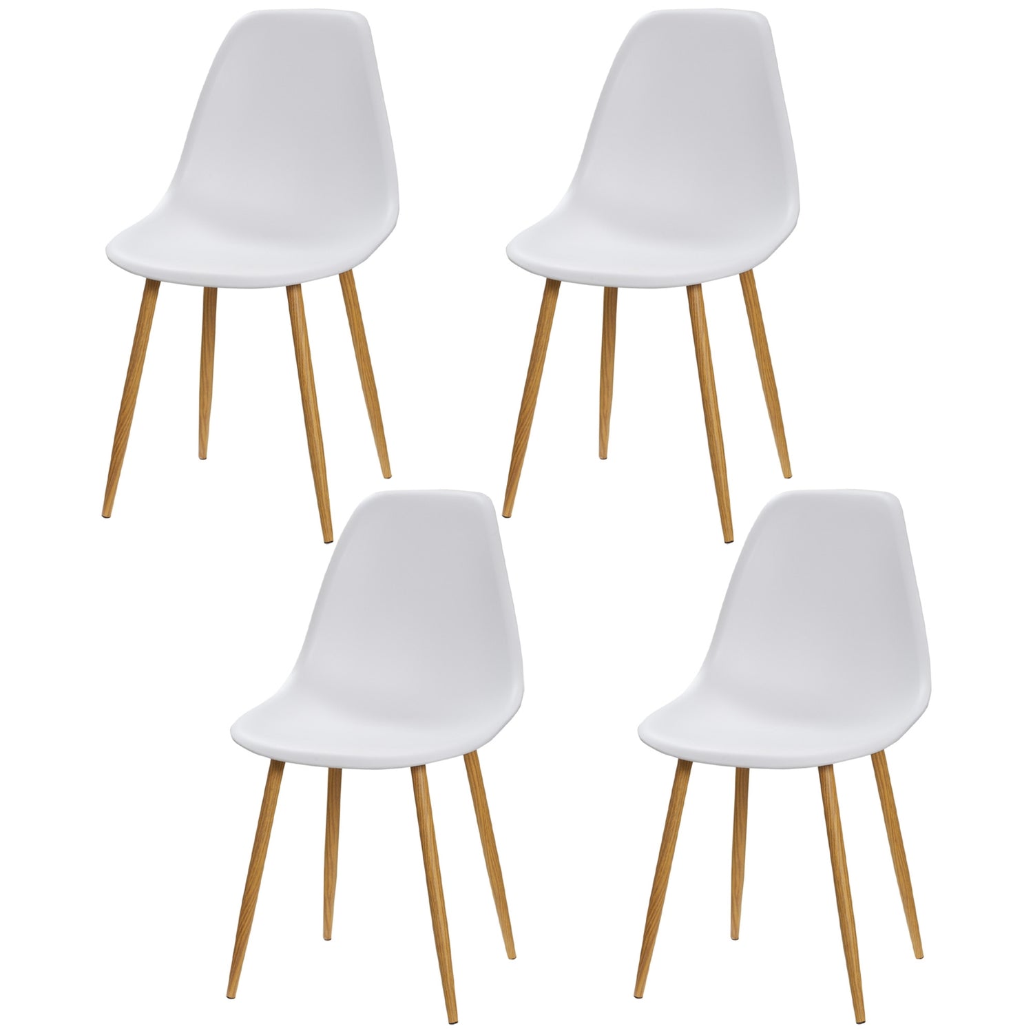 Set med 4 matstolar, metallben, vit & natur