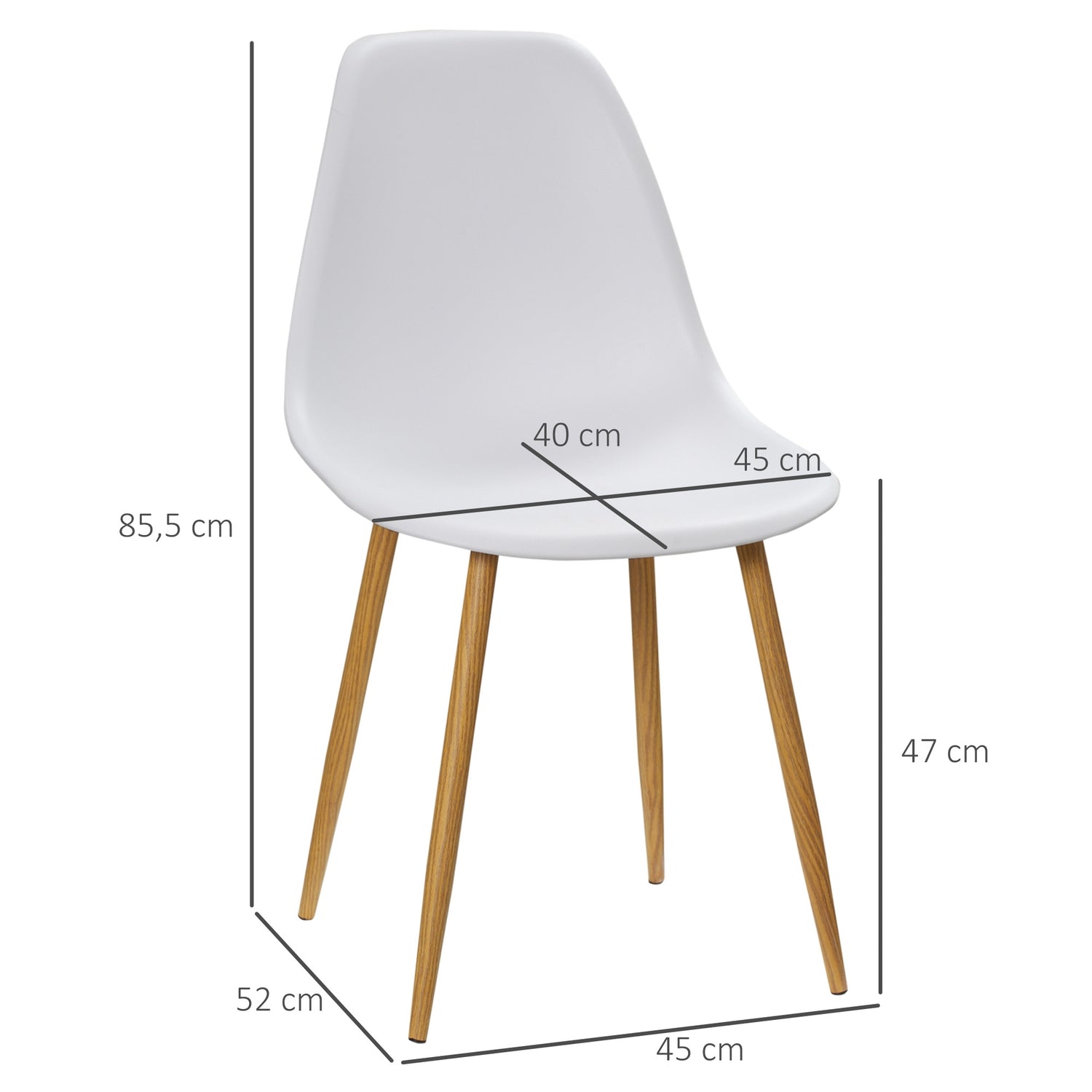 Set med 4 matstolar, metallben, vit & natur