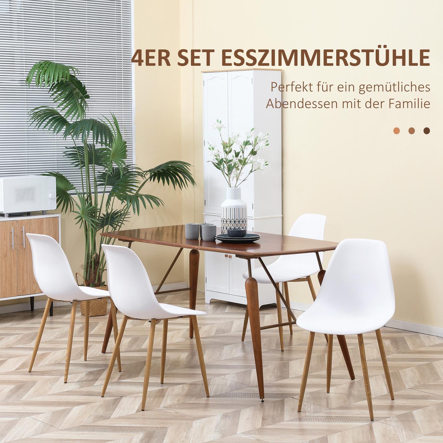 Set med 4 matstolar, metallben, vit & natur