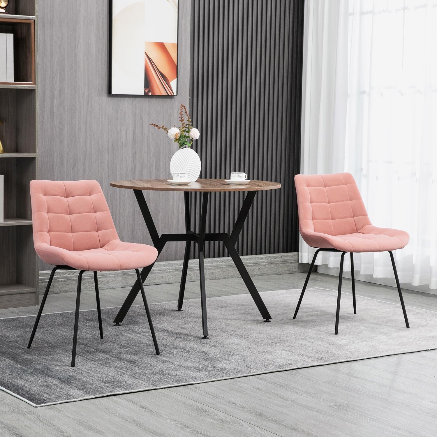 Set med 2 matstolar i sammet, rosa, retrodesign, stålben