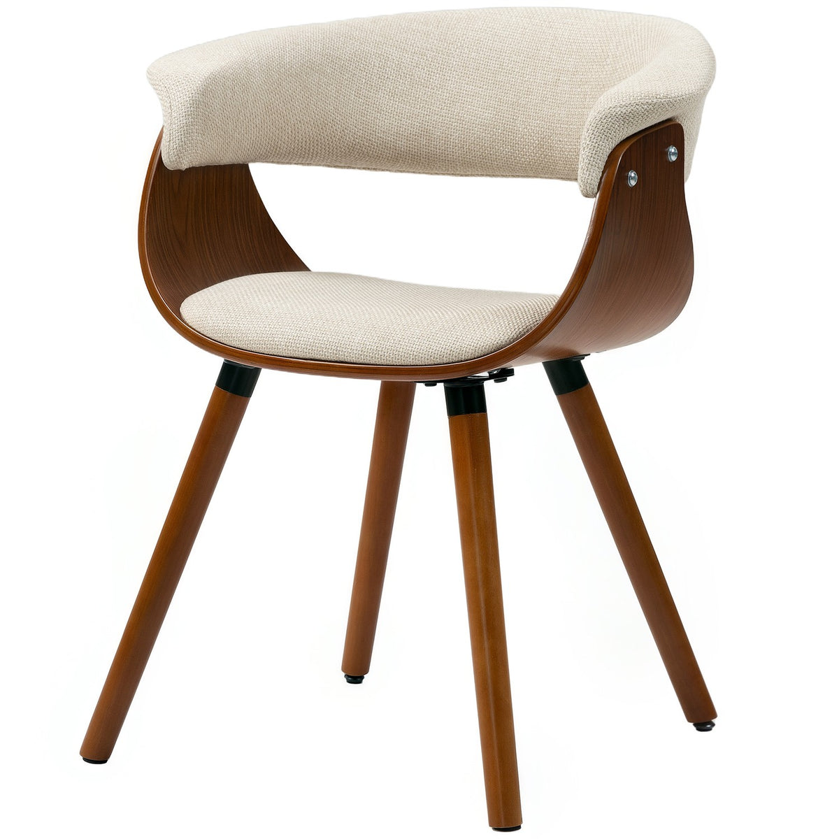 Eetkamerstoel, linnenlook stof, gebogen rugleuning, houten poten, beige