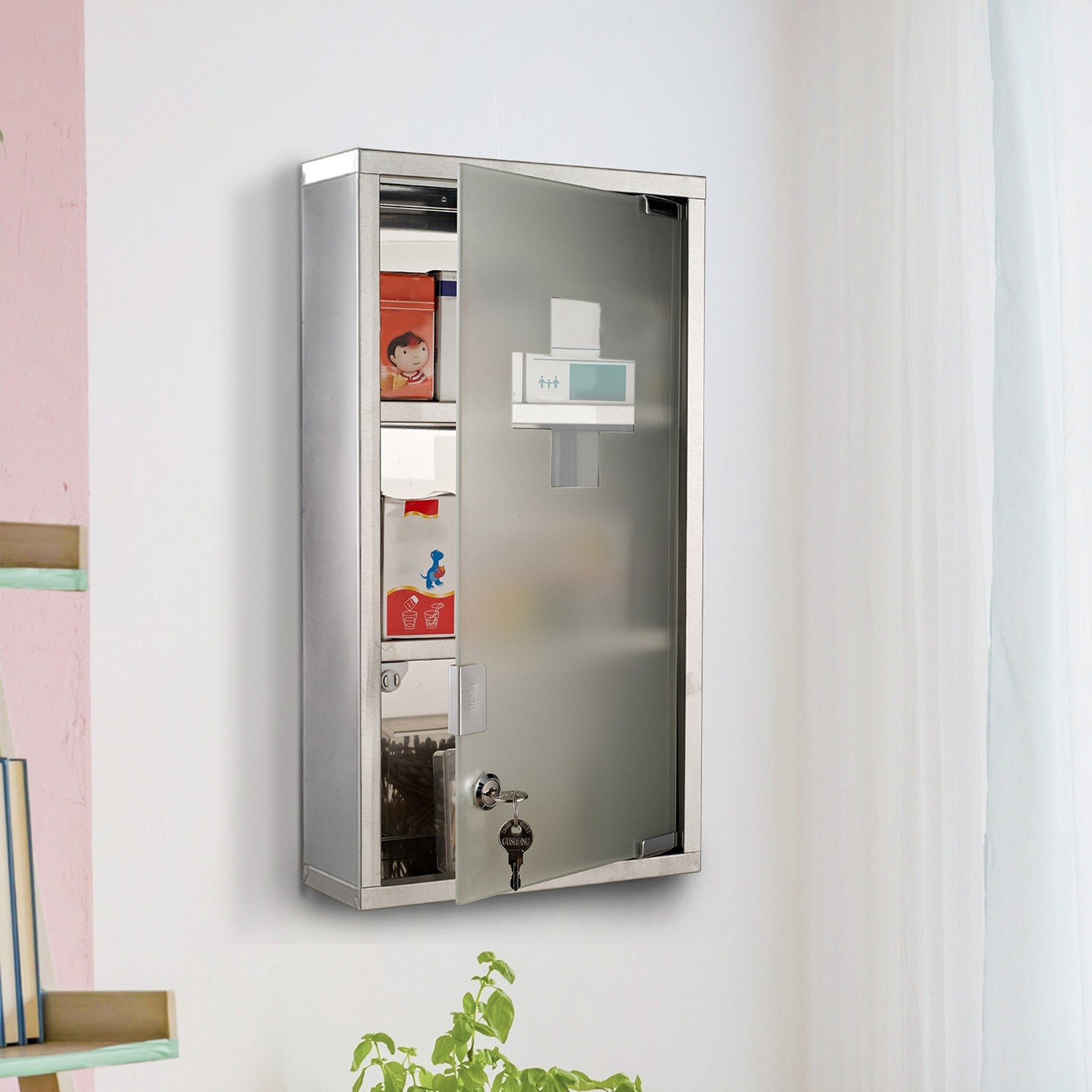 Medicinskåp i rostfritt stål, 3 fack, 25x12x48cm