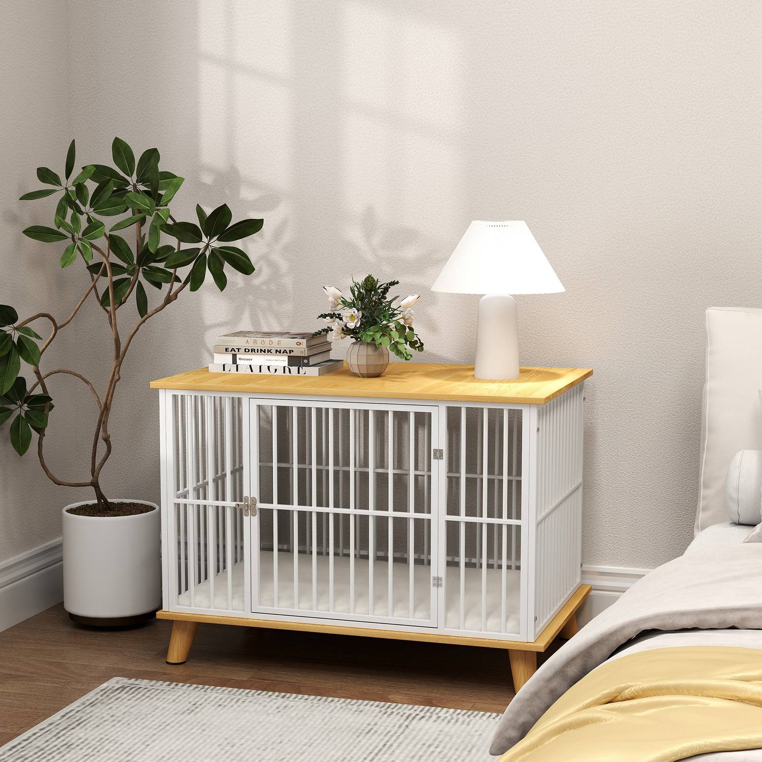 Medium hundbur med kudde och låsbar dörr, ek