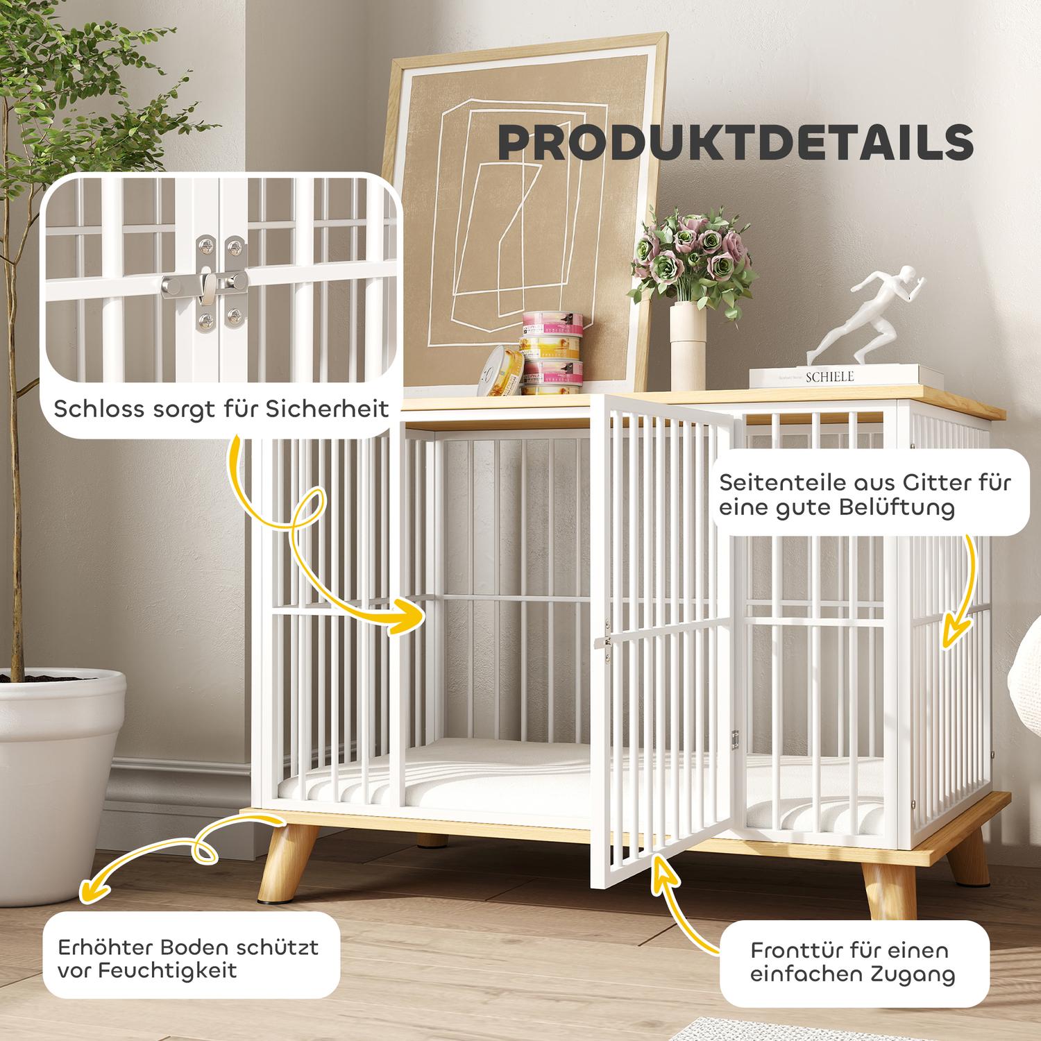 Medium hundbur med kudde och låsbar dörr, ek