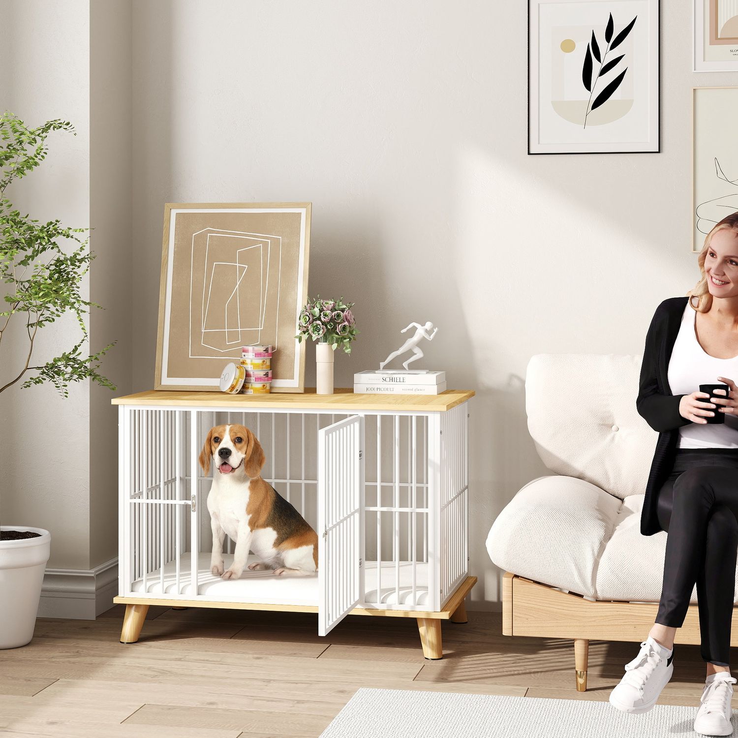 Medium hundbur med kudde och låsbar dörr, ek