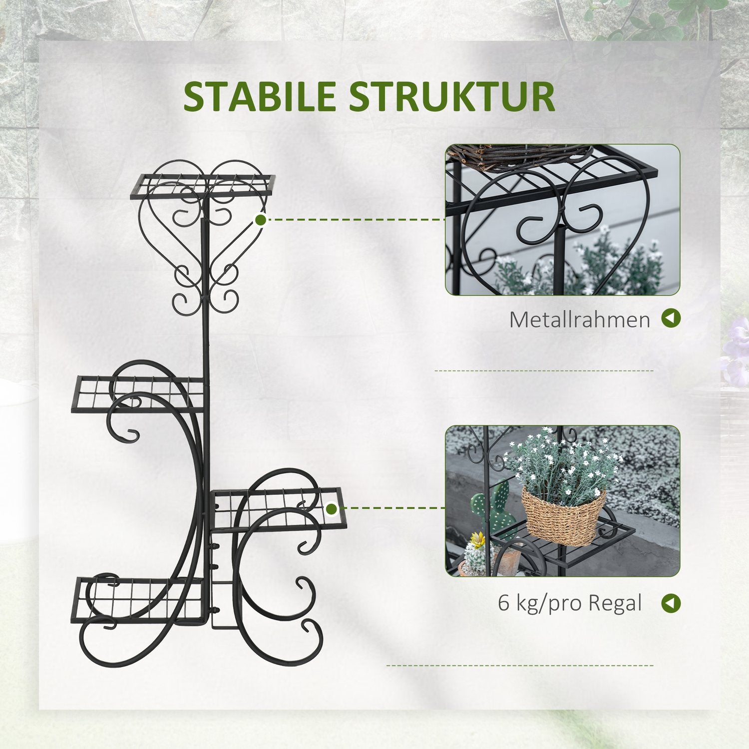 Metall 4-vånings växthylla för trädgård och balkong, svart
