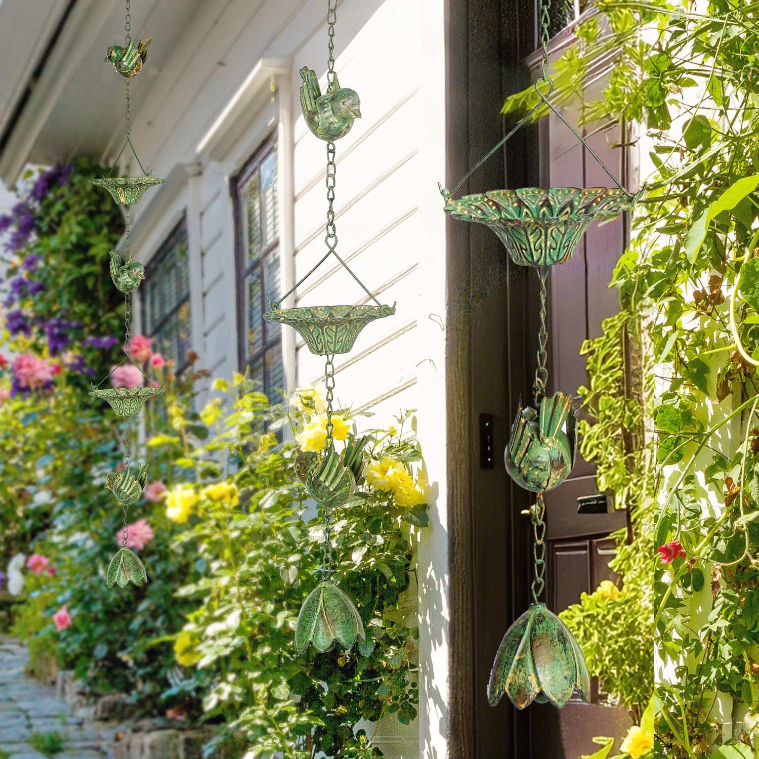 Metallregnkedjor för hängrännor, 3 set med klockor, 123 cm