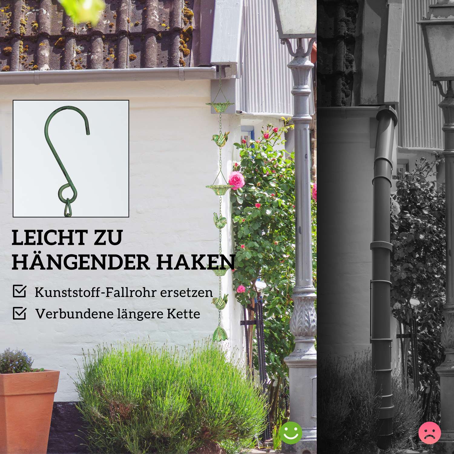 Metallregnkedjor för hängrännor, 3 set med klockor, 123 cm