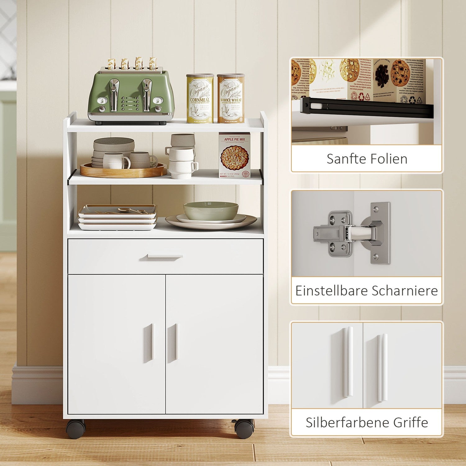 Mikrovågsskåp med låda och hjul, vit