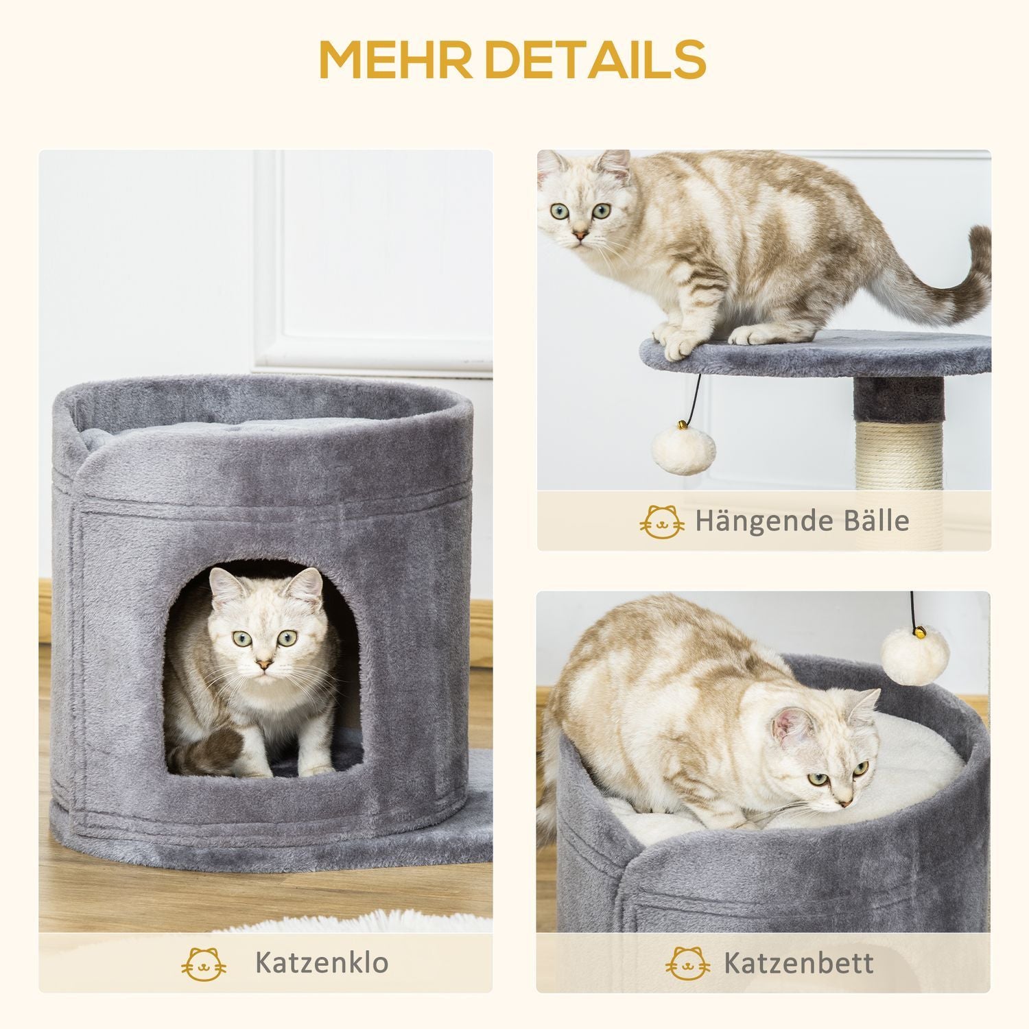 Cat Scratching Post Med Cat Cave & Toy Ball, Sisal Rep Scratching Poles, Grå, 55X36X59Cm