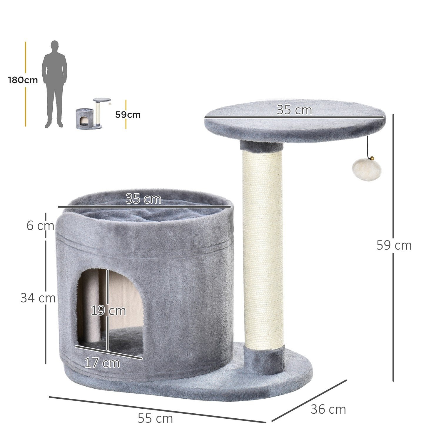 Cat Scratching Post Med Cat Cave & Toy Ball, Sisal Rep Scratching Poles, Grå, 55X36X59Cm