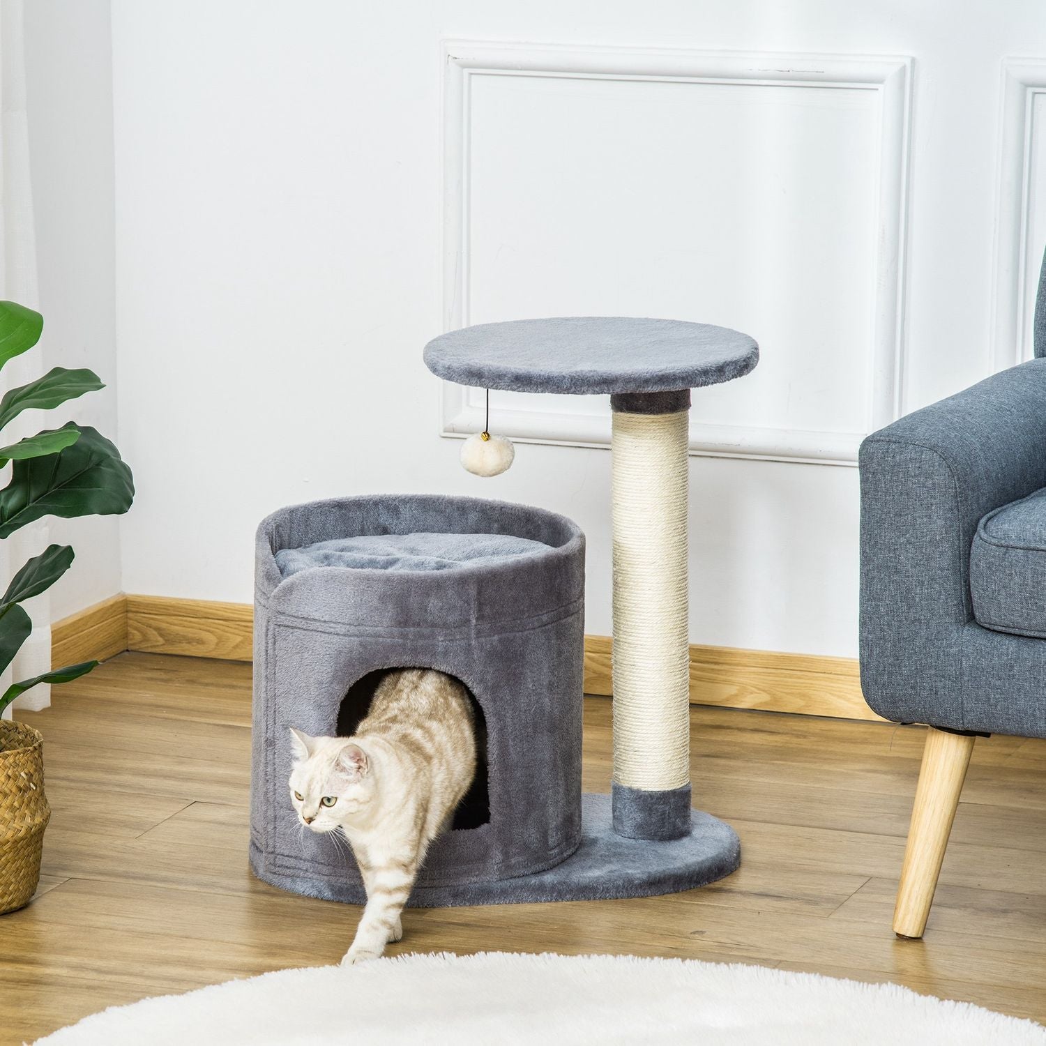 Cat Scratching Post Med Cat Cave & Toy Ball, Sisal Rep Scratching Poles, Grå, 55X36X59Cm