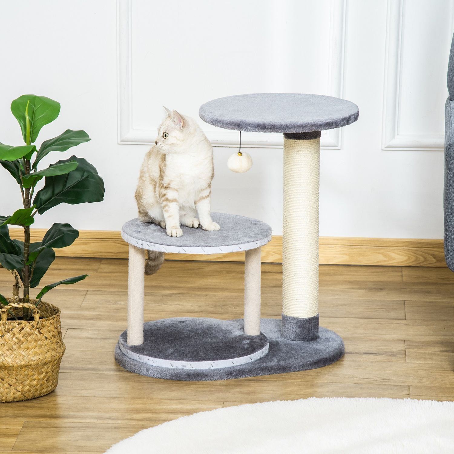 Cat Scratching Post Med Cat Cave & Toy Ball, Sisal Rep Scratching Poles, Grå, 55X36X59Cm