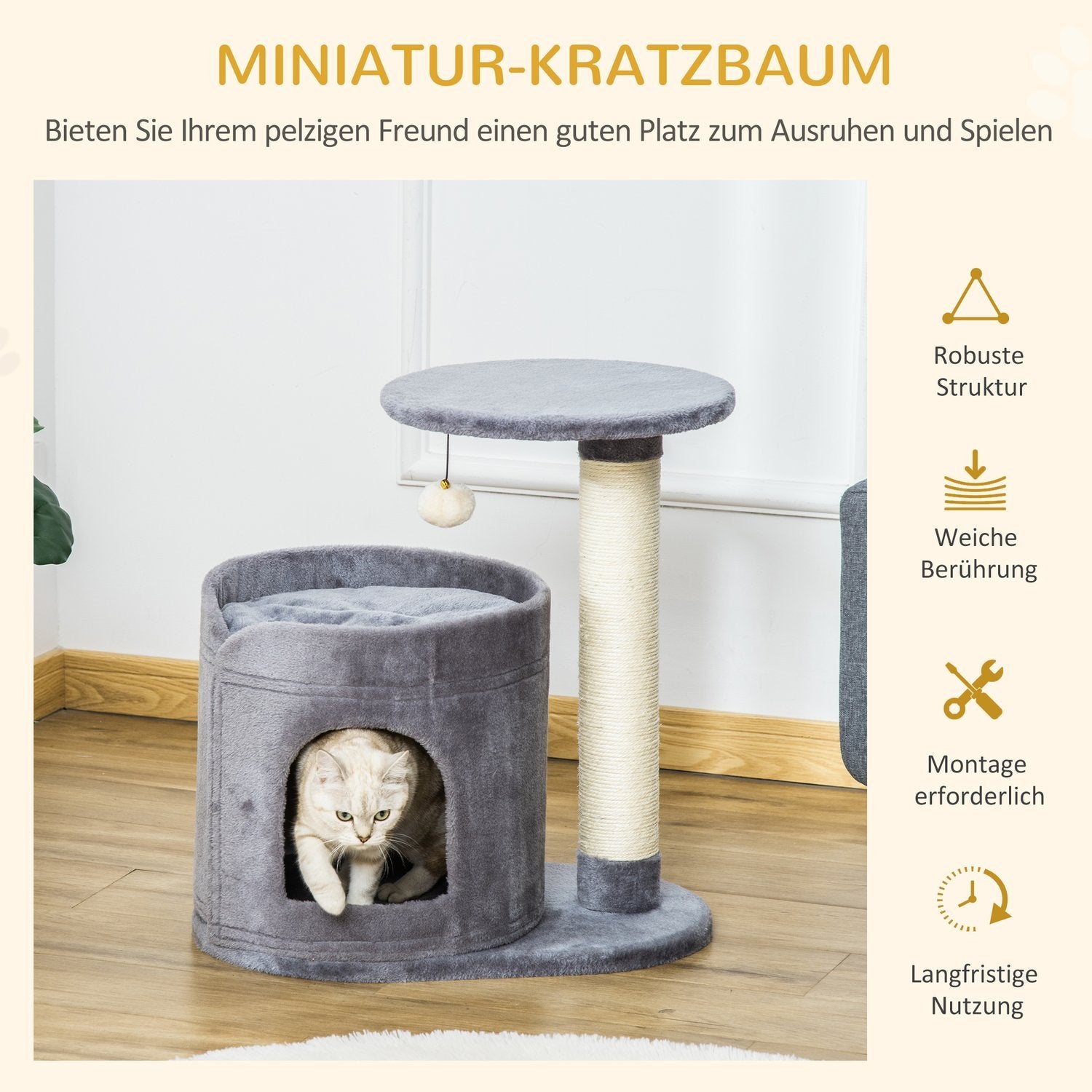 Cat Scratching Post Med Cat Cave & Toy Ball, Sisal Rep Scratching Poles, Grå, 55X36X59Cm