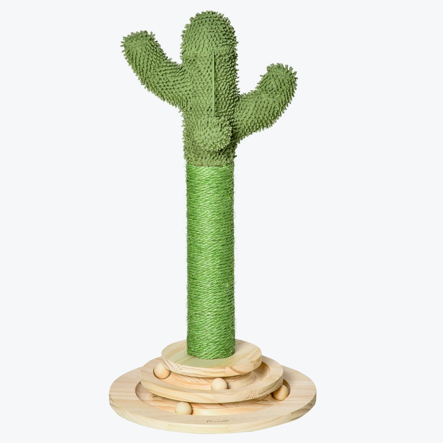 Cat Scratching Post Cactus Design, Pine Wood & Sisal Rep, With Wooden Ball Toy, 60Cm, Green+Natural