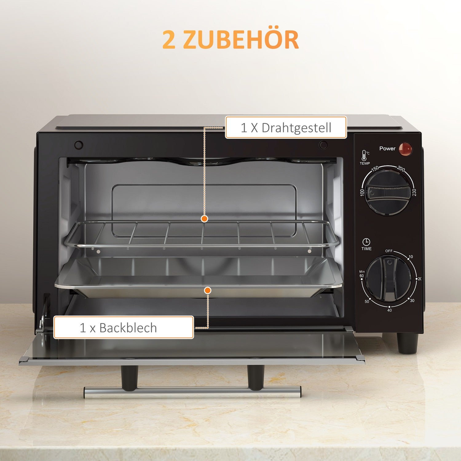 9L rostfri miniugn, 750W, justerbar timer