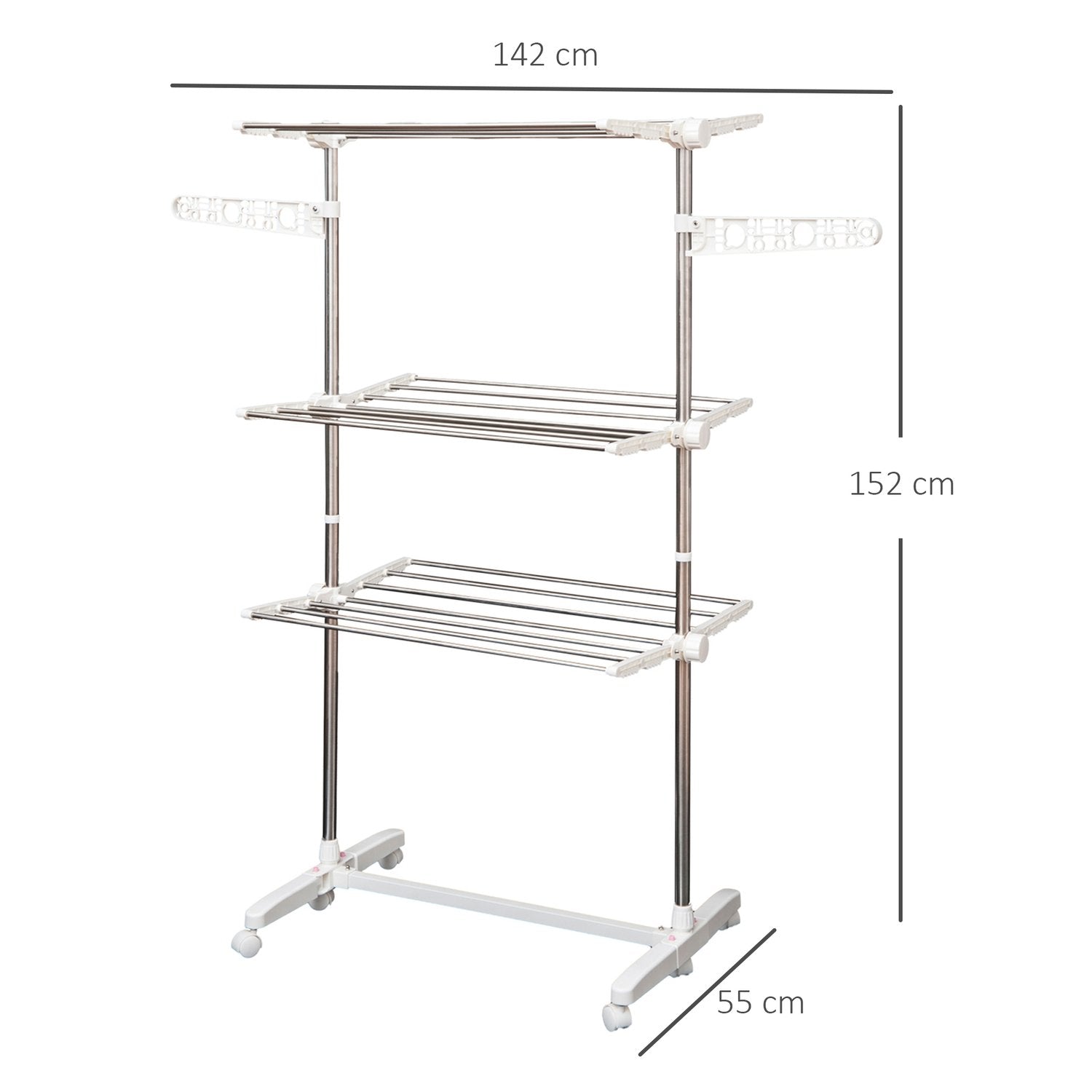 Mobil Klädluftare Torkställning 3 Nivåer Hopfällbar Rulle 80-142 X 55 X 152 Cm