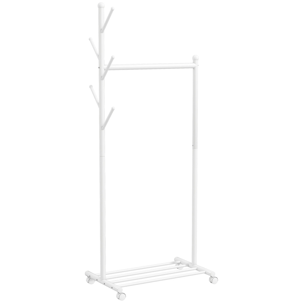 Mobiele kledingstandaard met stang, 5 haken, schoenenrek, wit