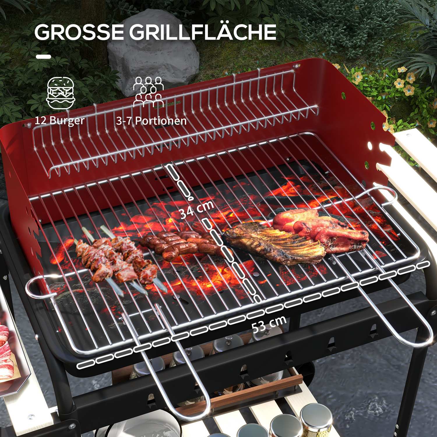 Mobil kolgrill i metall med hjul och trähylla