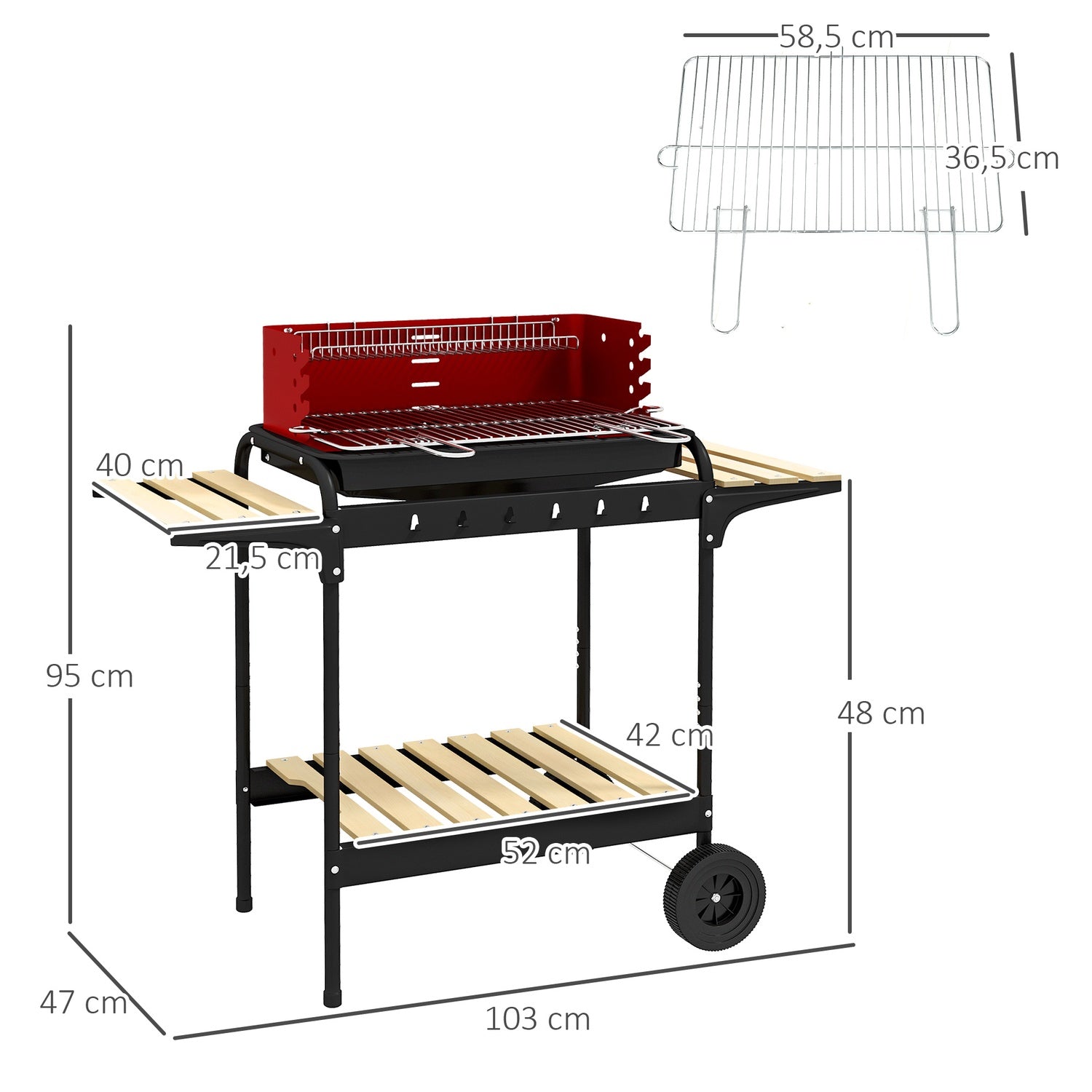 Mobil kolgrill i metall med hjul och trähylla