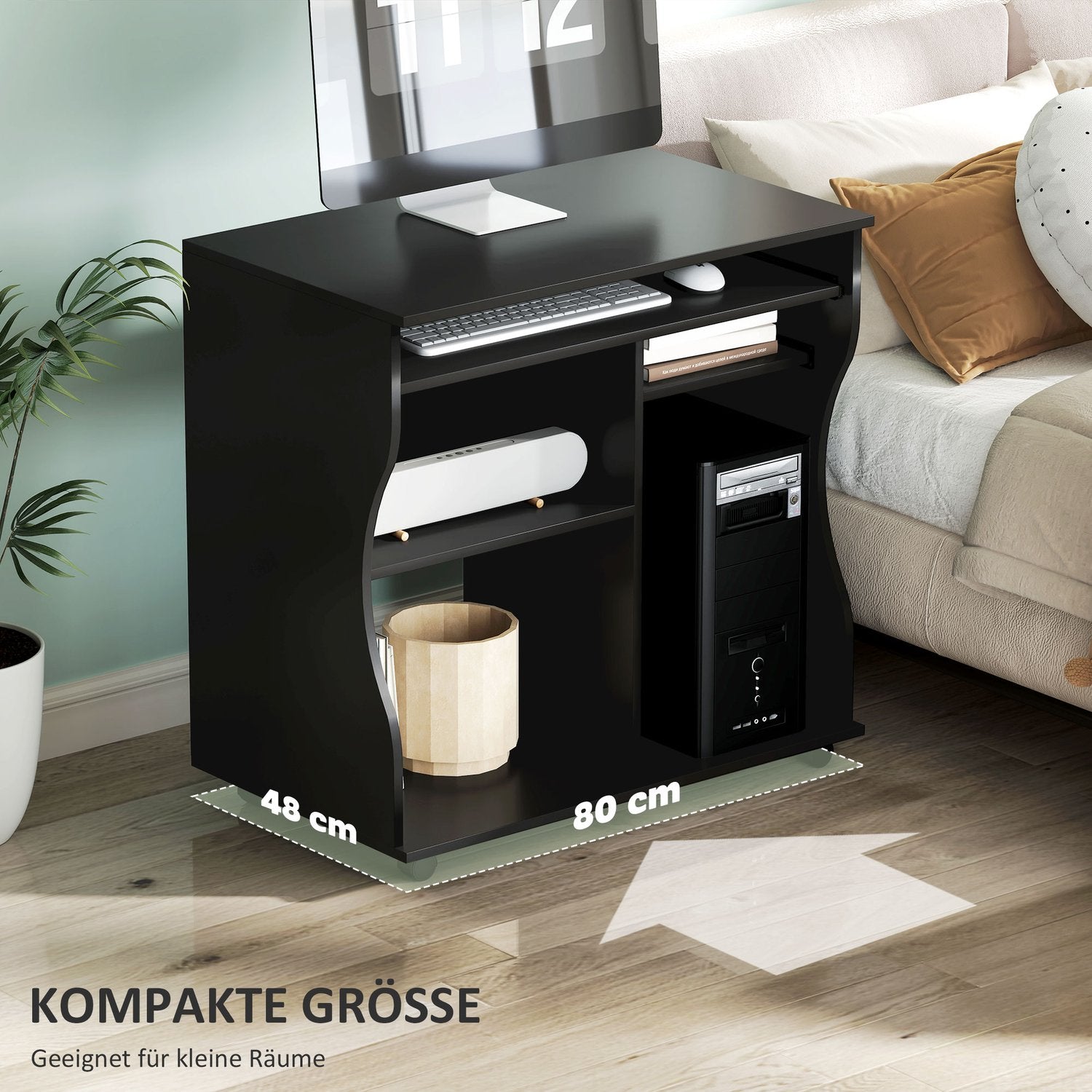 Mobilt datorbord med tangentbordshylla, svart 80x48x75 cm