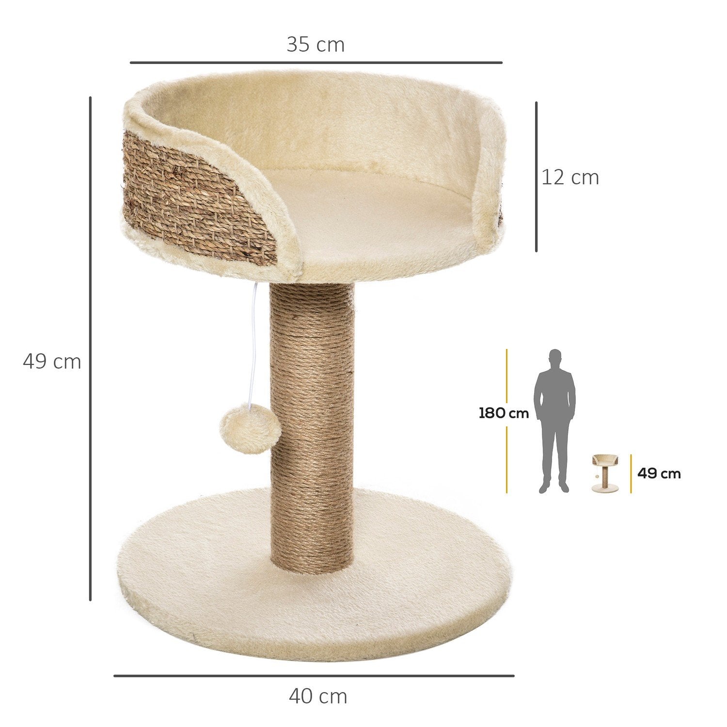 Liten Skrapstolpe, 49 Cm Kattträd, Kattskrapstolpe Med Lekboll, Liggunderlag, Klätterträd För Katter Upp Till 4 Kg, Kattmöbler, Jute, Kaffe