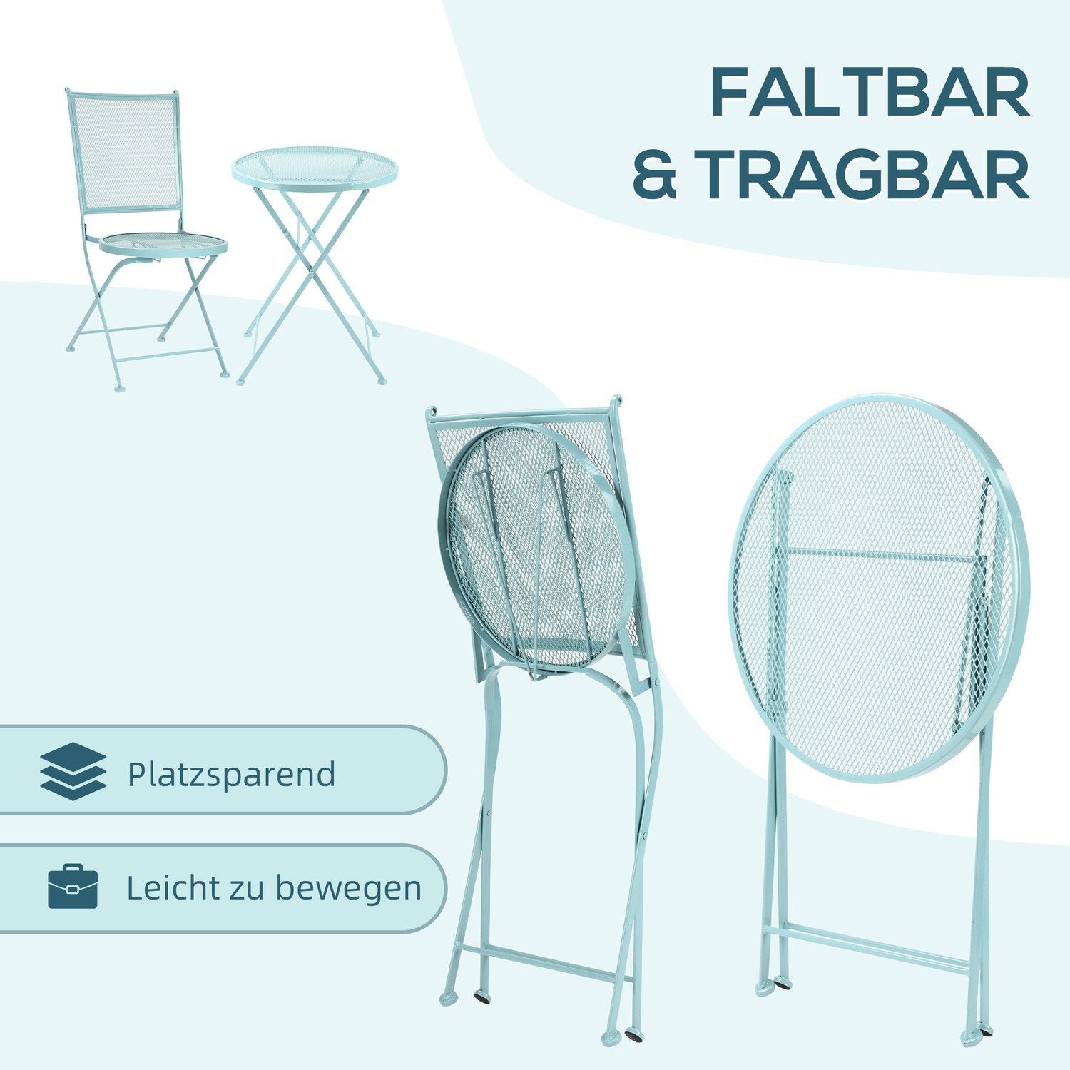 Trädgård Sittgrupp För 2 Personer Bistro Set 1 Bord + 2 Hopfällbara Stolar För Terrass Balkong Metall Blå