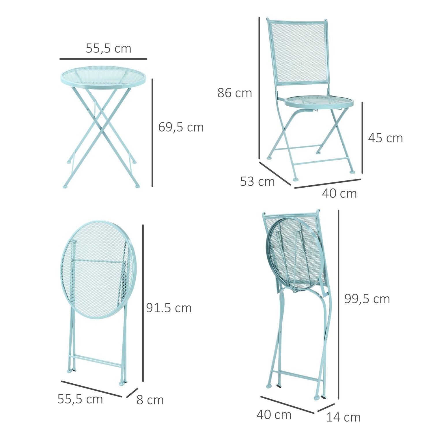 Trädgård Sittgrupp För 2 Personer Bistro Set 1 Bord + 2 Hopfällbara Stolar För Terrass Balkong Metall Blå