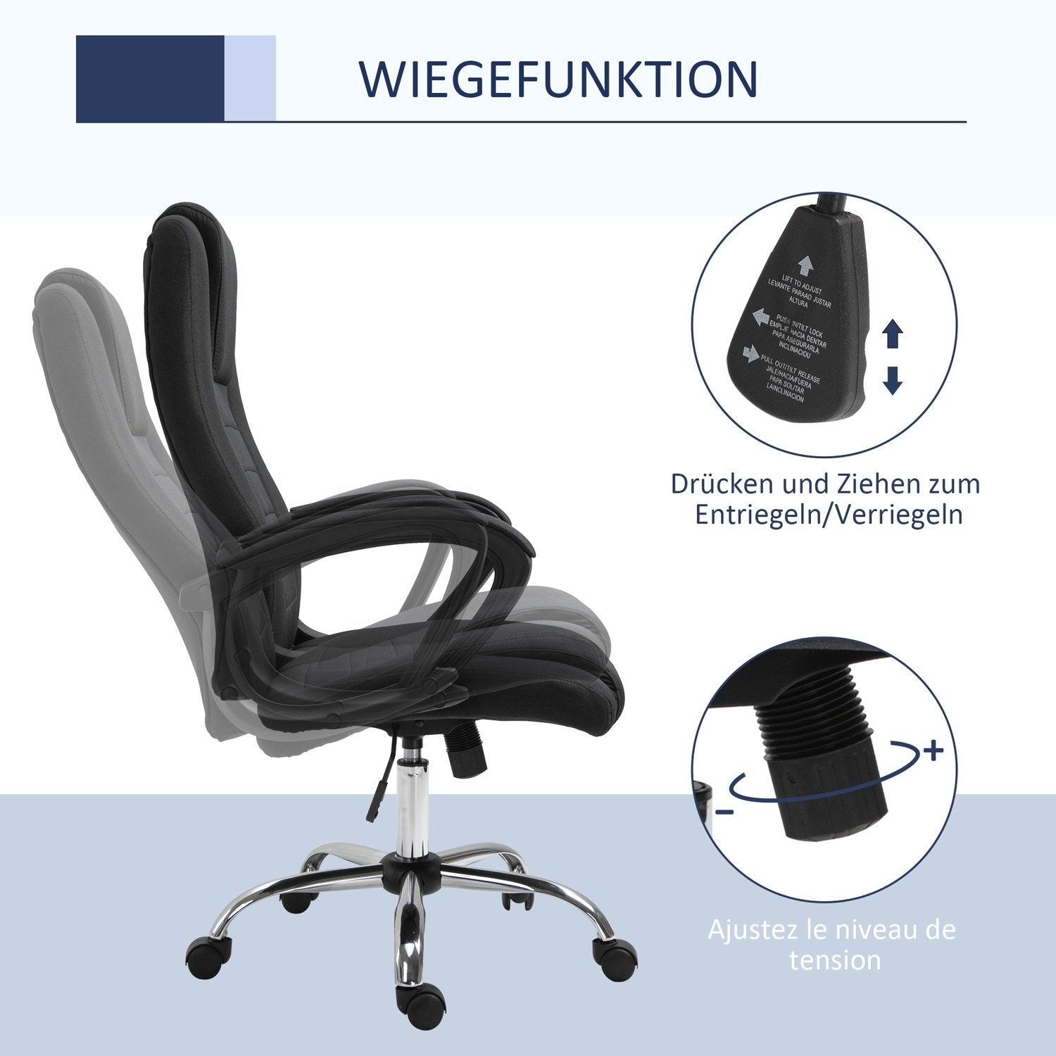 Kontorsstol Datorstol Med Vippfunktion Nackstöd Ergonomisk Vridbar Höjdjusterbar Linne Touch Svart 62 X 62 X 110-119 Cm