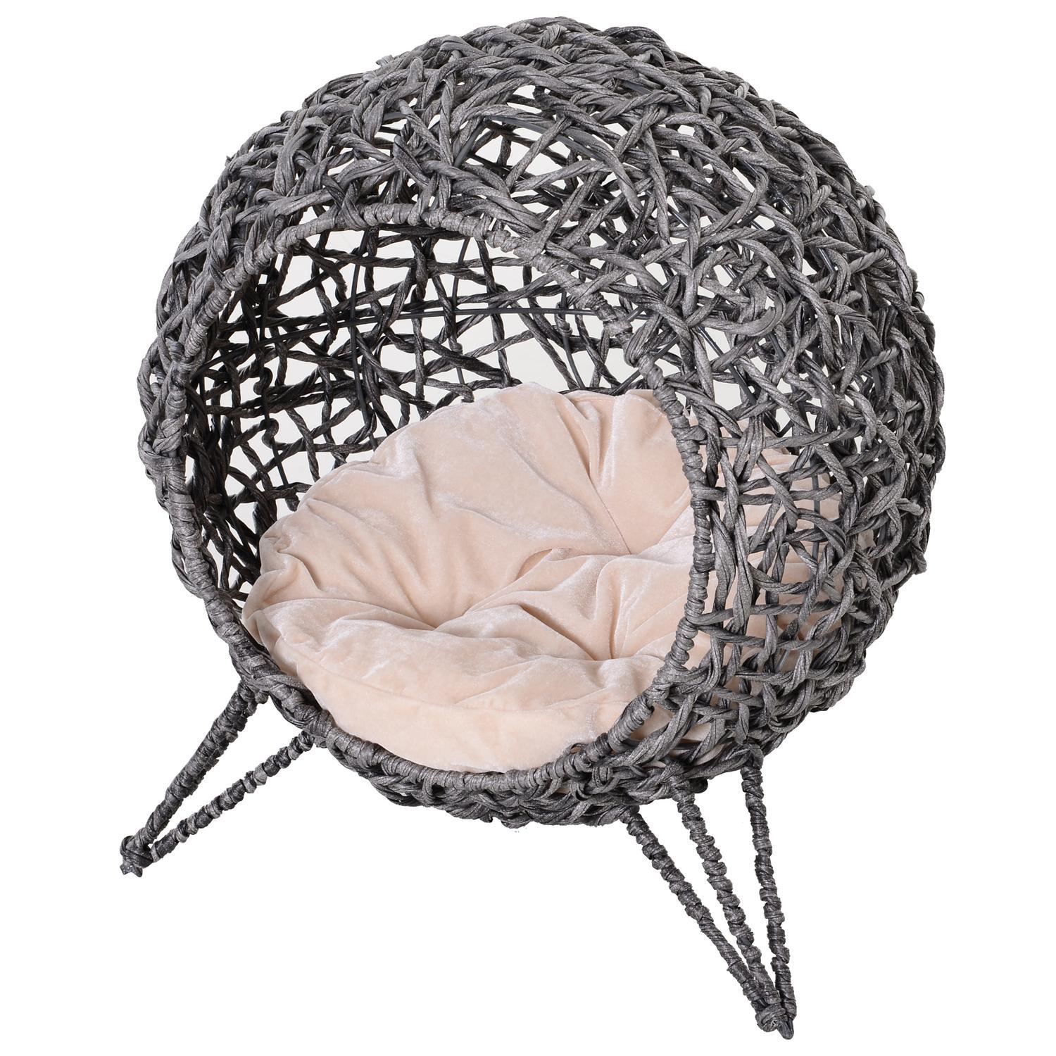 Rattan Cat House Elegant Kattgrotta Med Kuddar, Upphöjda Fötter, Silvergrå, Ø52X58Cm