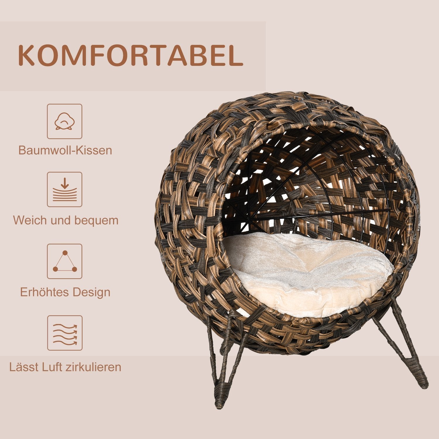 Rattan Katt Sängkudde Upphöjda Fötter Katt Sovplats Brun Ø52X58Cm