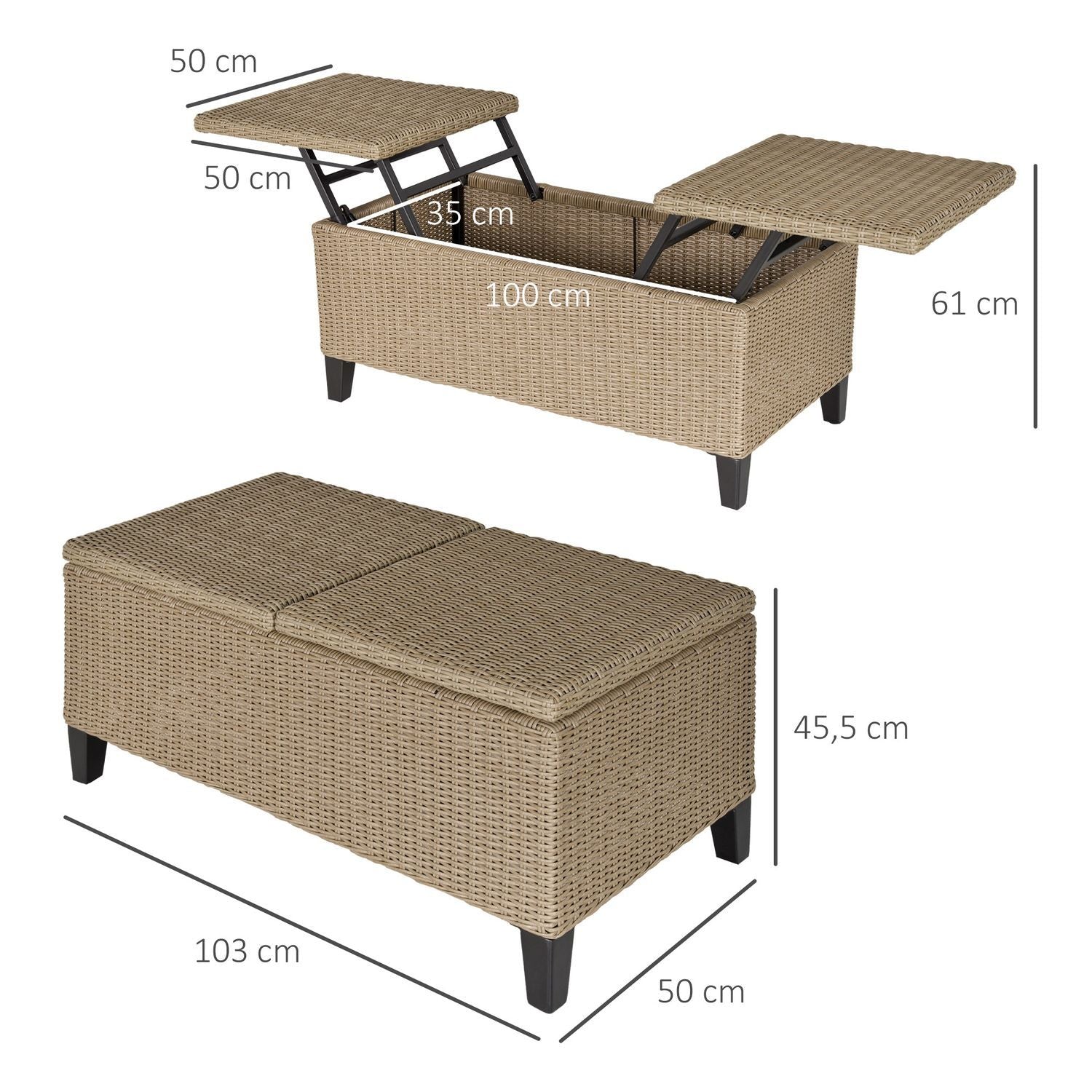 Polyrattan Trädgårdsbord Utdragbart Soffbord Stål Khaki 103X50X45,5Cm