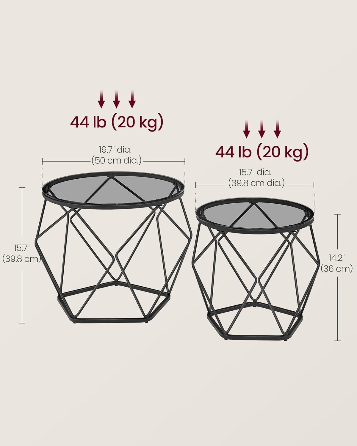 Moderna häckande soffbord, set med 2, glas och stål