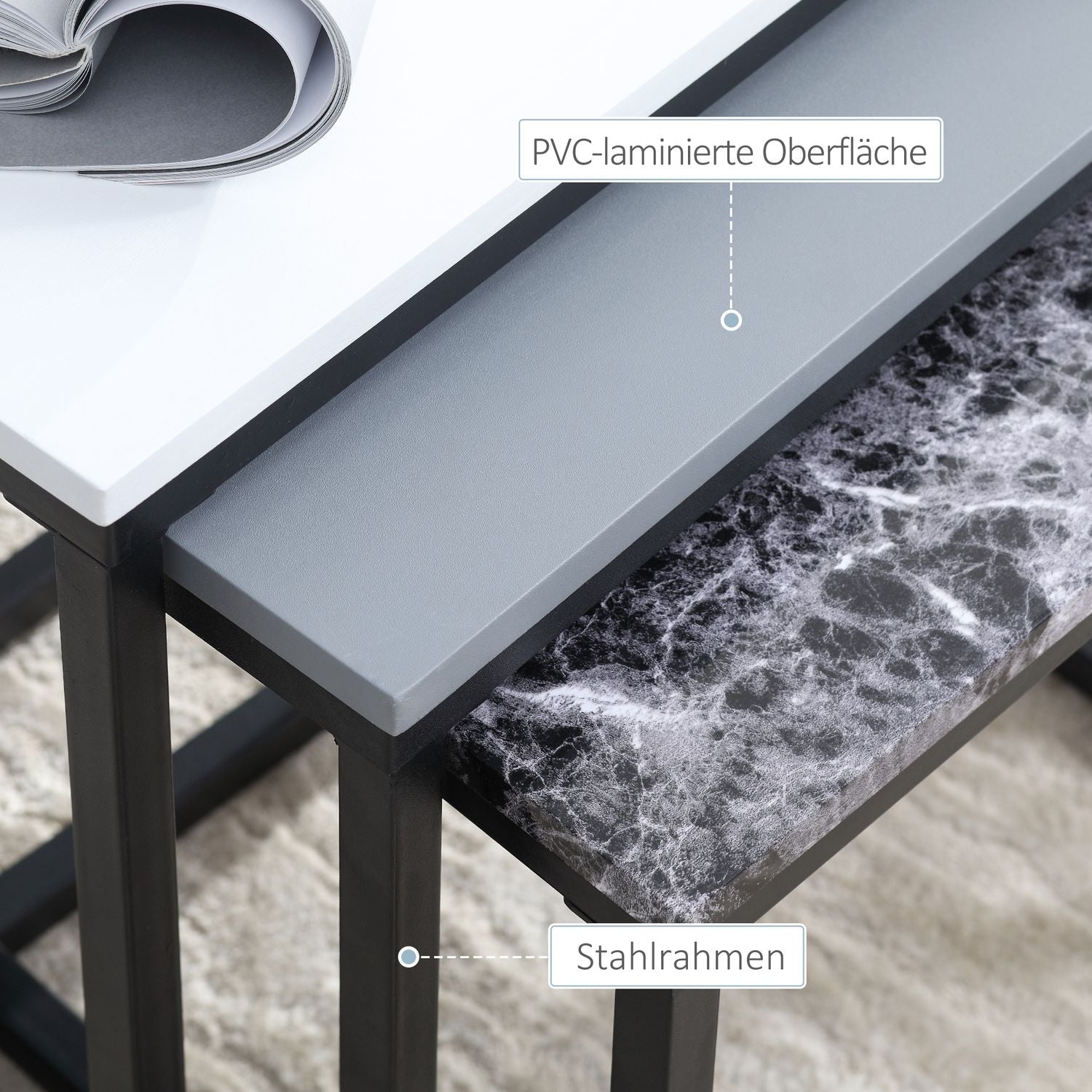 Modernt soffbord med metallunderrede, MDF, tre färger