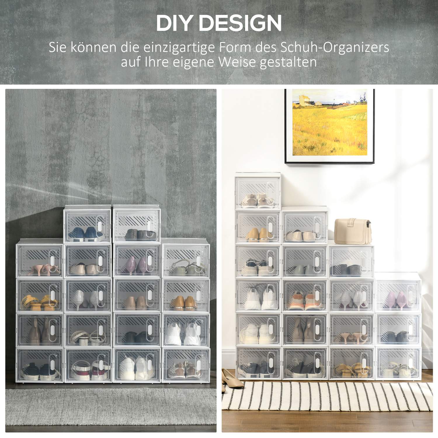Modulära skoförvaringslådor med klara dörrar, set om 18