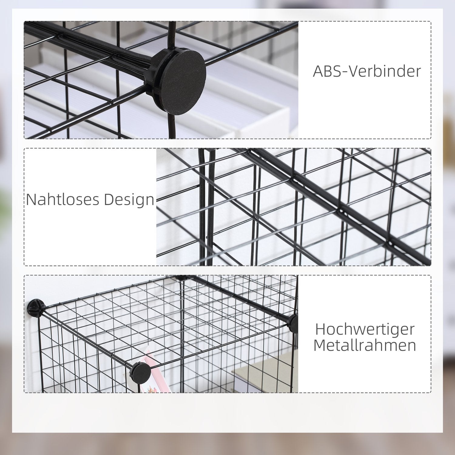 Modulair opbergrek met draadpanelen – 6 kubussen, zwart, 109 x 37 x 109 cm