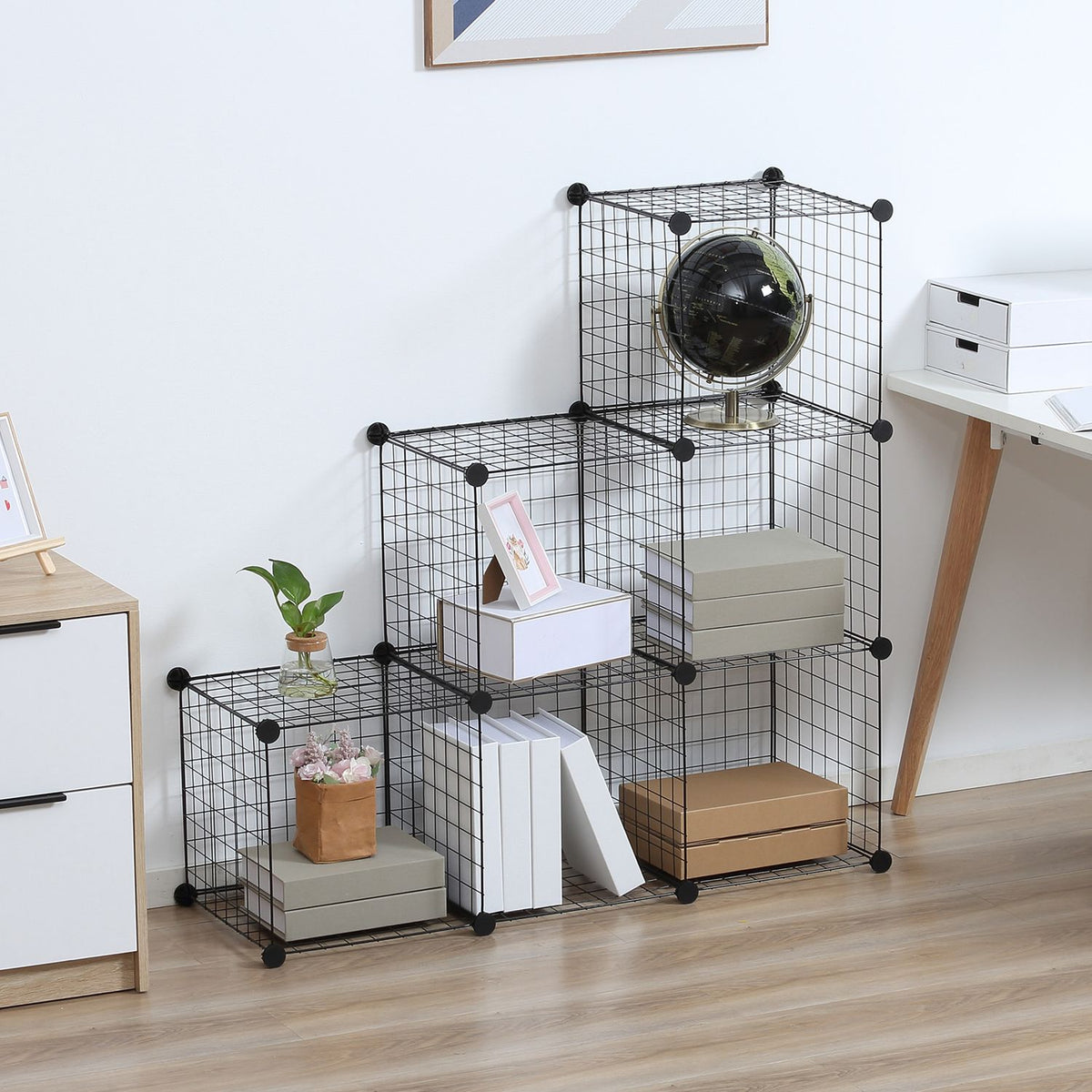 Modulair opbergrek met draadpanelen – 6 kubussen, zwart, 109 x 37 x 109 cm